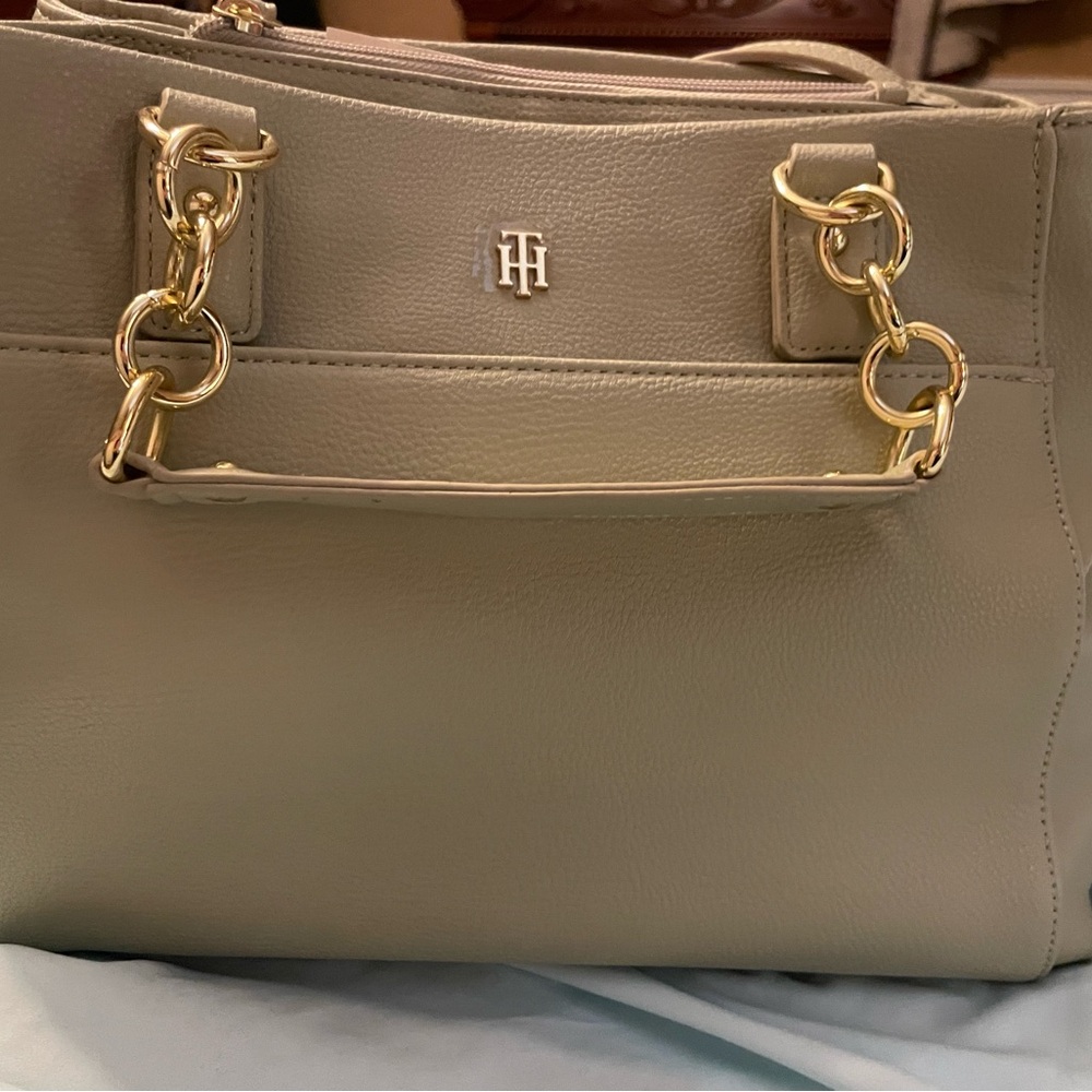 Elegant Gray Handbag with Gold Accents